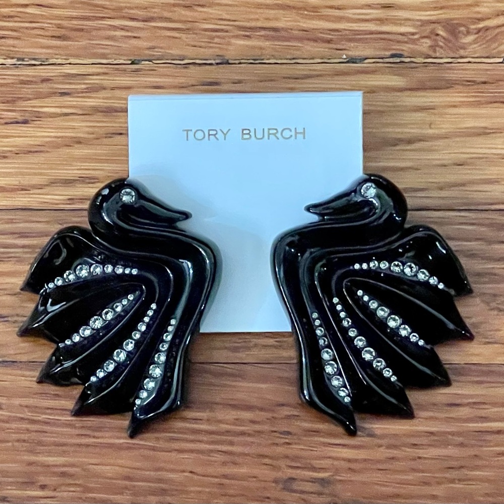 NWT TORY BURCH SWAN RESIN SWAROVSKI CRYSTAL EARRINGS - Picture 1 of 6